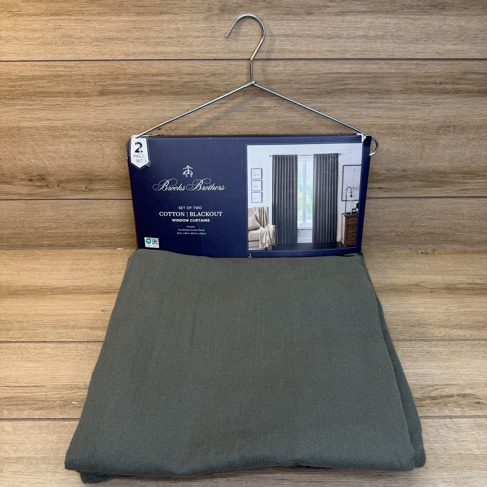 Brooks Brothers Cotton Blackout Curtains 50x84 Olive Green Window Panels Set 2